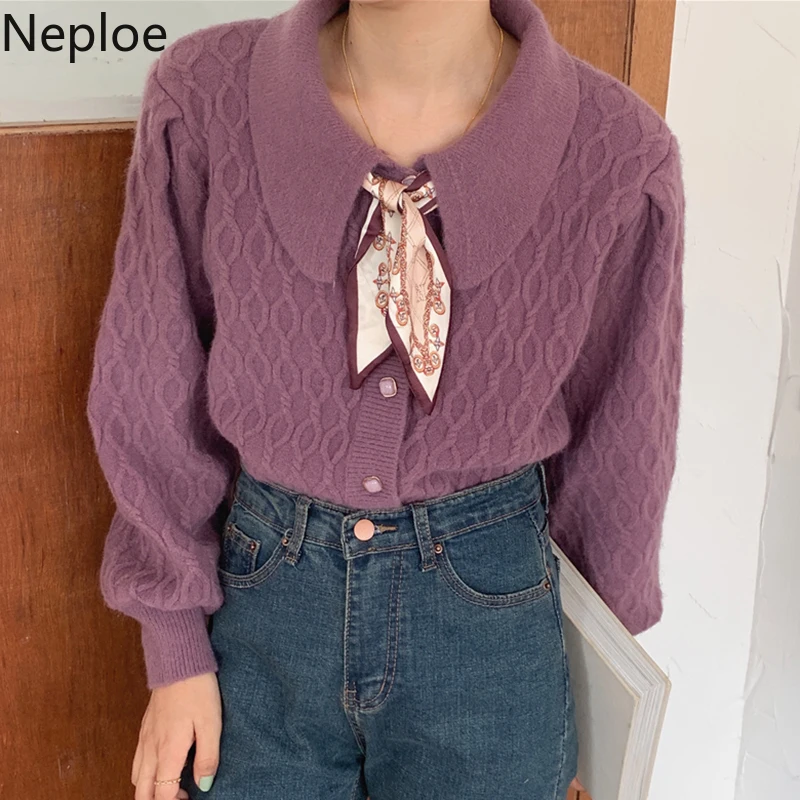 Neploe, женские кардиганы, Осень-зима, Одноцветный, твист, шарф, воротник, длинный рукав, вязаный свитер, однобортный, теплый, женский кардиган, 80294
