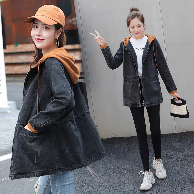 

Jeans Coat Women's 2019 New Style Spring And Autumn Korean-style Loose-Fit Slimming Hooded Mid-length Coat WOMEN'S Windbreaker M