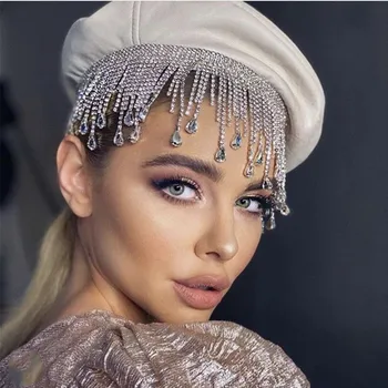 

2020 Fashion Luxury Full Rhinestone Tassel Water Drop Wedding Head Chain for Bride Bling Crystal Hair Chain Jewelry Headband