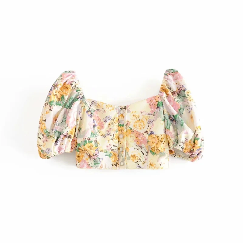 Женские Модные шикарные укороченные блузки с жемчужными пуговицами и цветочным