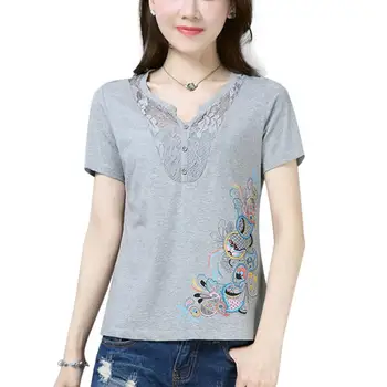 

2020 Summer Splice Lace See Throngh Butterfly Printing Women Short Sleeve T-Shirts Slim Sexy Casual Tops Tees w493