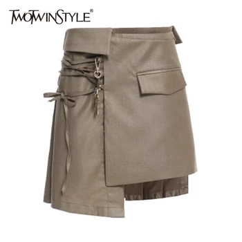 

TWOTWINSTYLE Office Lady Women's Irregular Skirt Lace Up Solid Elegant Generous A Line Skirts Female Summer Fashion Clothes New