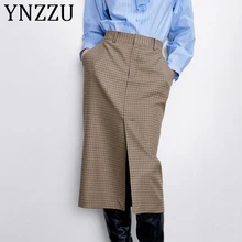 YNZZU брендовая винтажная клетчатая Офисная Женская юбка до середины икры с разрезом, Женская Весенняя юбка, с высокой талией и карманами, женские прямые юбки AB285