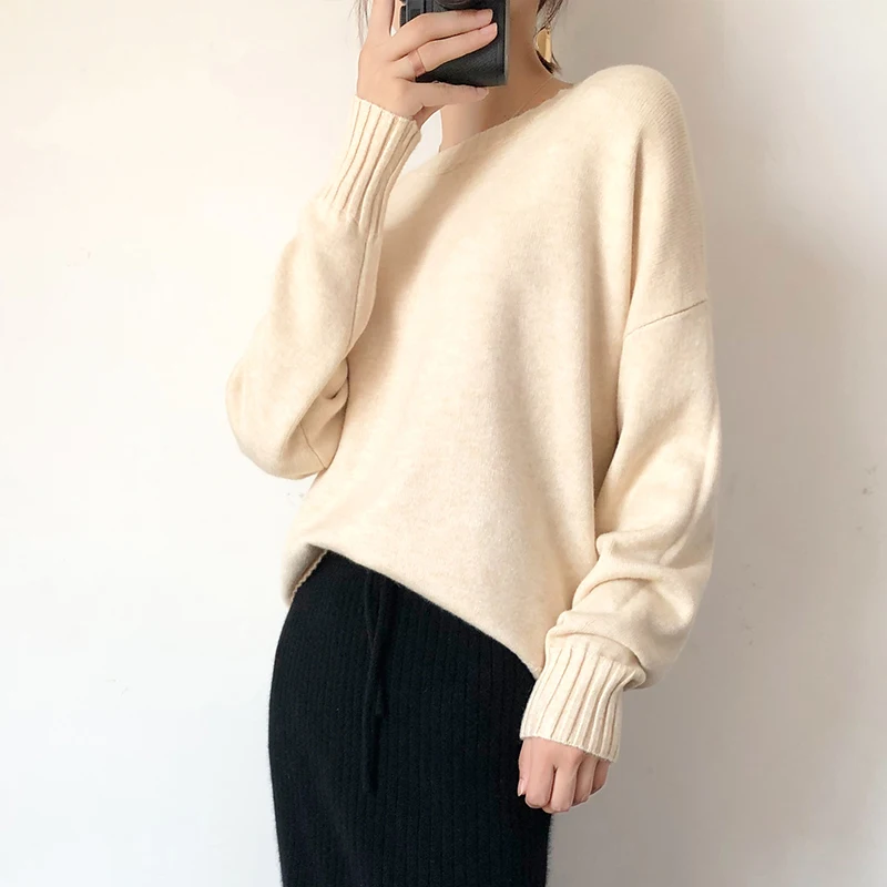 Женский Повседневный однотонный кашемировый свитер вязаный пуловер с длинными