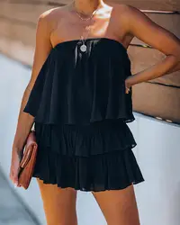 Macacão acolchoado feminino da moda, macacão de verão elegante com ombros de fora em camadas, plissado, sem mangas, sólido, casual, 2020