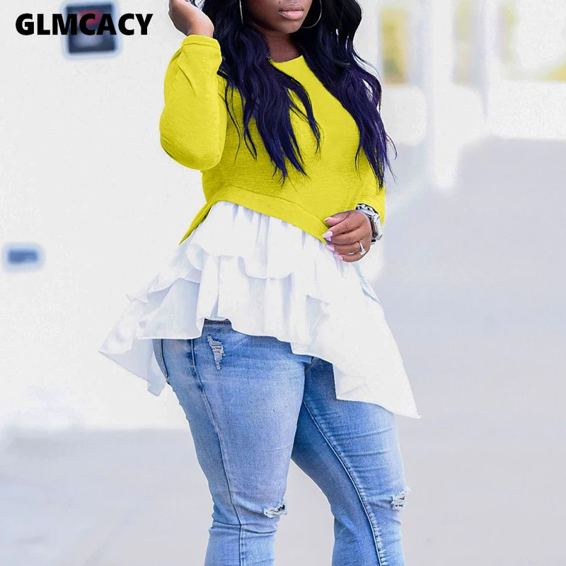 Women Cascading Ruffle Design Splicing Long Sleeve Pullover Blouse Casual Street Wear Fashion Plus Size Top Shirt