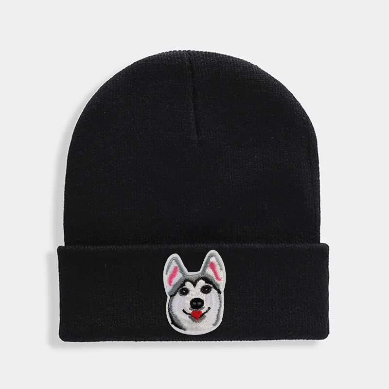Huskies Hats Fashion Patches Sweet Beanie For Unisex Winter Brimless Stretchy Bonnet Solid Color Outdoor Cap Knitted Beanie - Цвет: Черный
