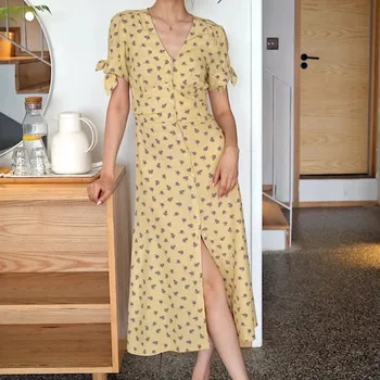 

Single Breasted Women Dresses Floral V-neck Bow Lace-up Short Puff Sleeve Split Female Vintage Long Dresses 2020 New