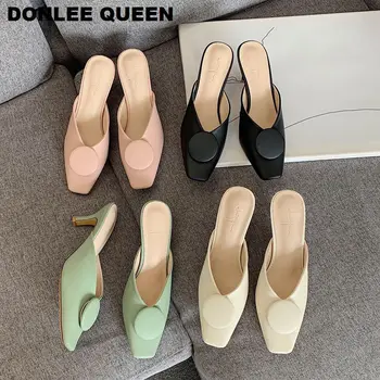 

DONLEE QUEEN Slippers Women Brand Slides Ladies Low Heels Square Toe Mules Shoes Women Fashion Round Buckle Shoe Outdoor Slipper