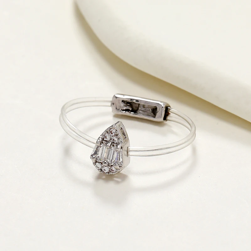 New Sweet Trendy Women's Ring Fashion Invisible Transparent Line Brass Ring Water Drop Zircon Jewelry Accessory For Daily Life 4