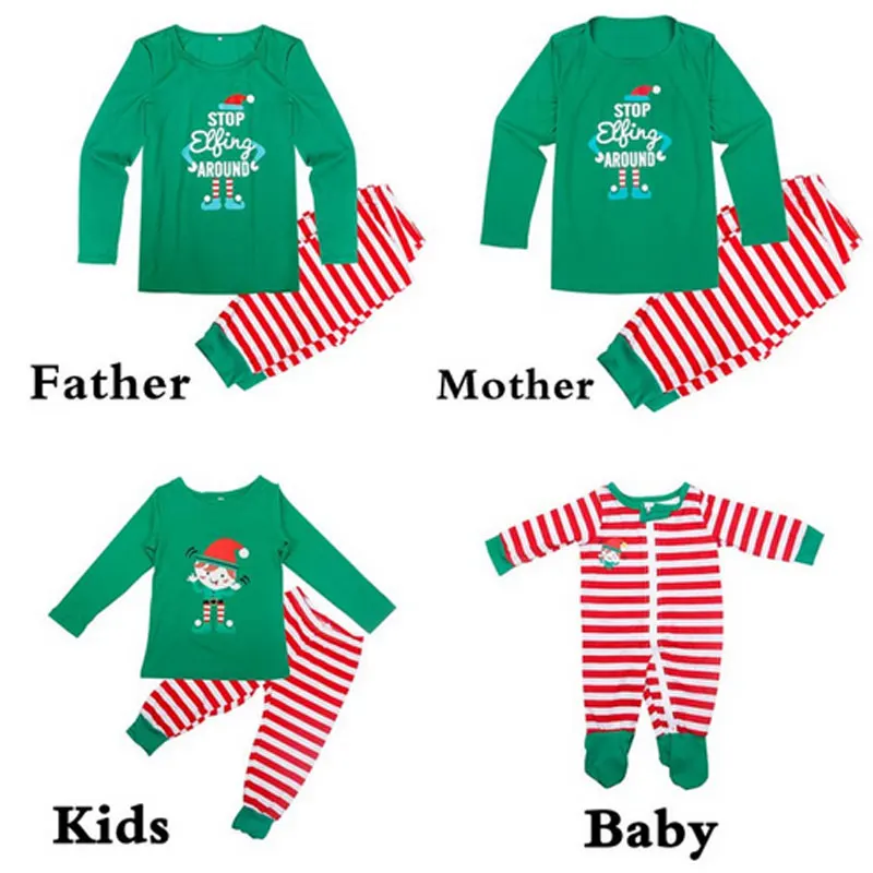 Праздничные Семейные комплекты пижам для мамы, папы и Рождества Милая одежда для сна в полоску с мультяшным принтом на Рождество одежда для сна новогодние пижамы - Цвет: Зеленый