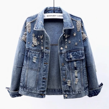 

2020 Spring Autumn Handmade Diamond Denim Jacket Women Harajuku Loose Short Jeans Jacket Women Casual Outerwear Streetwear H467