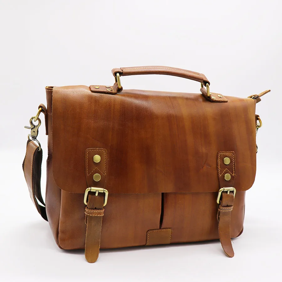 Бренд GO-LUCK, натуральная кожа, винтажная деловая сумка 14 дюймов с верхней ручкой, портфель, мужская сумка через плечо, мужские сумки-мессенджеры