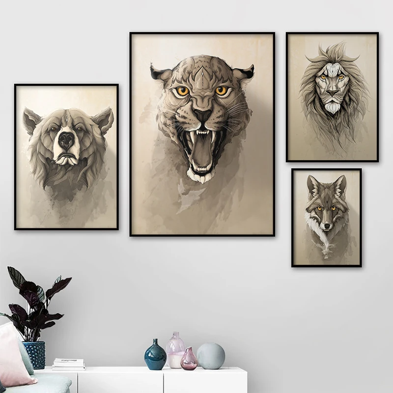 Холщовая картина анимальный настенное искусство лев тигр медведь Woof плакаты и принты настенные картины для украшения гостиной домашний декор