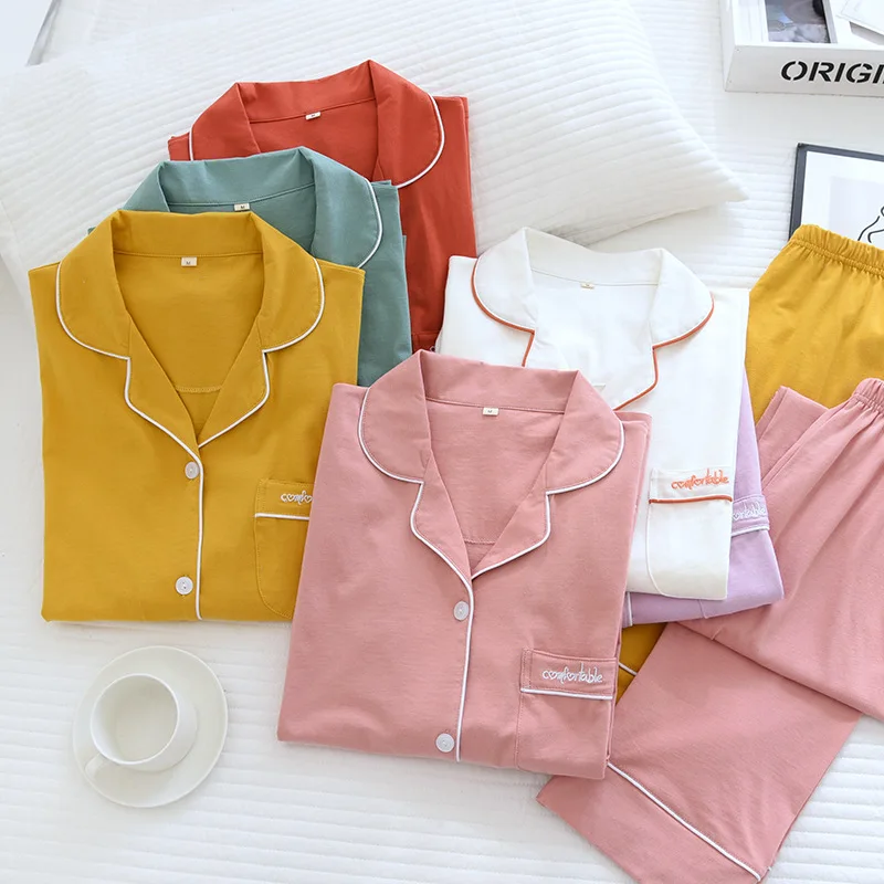 

Женская Хлопковая пижама с длинным рукавом, Весенняя Пижама, Трикотажная хлопковая однотонная одежда для сна, домашняя одежда из двух предметов с отложным воротником