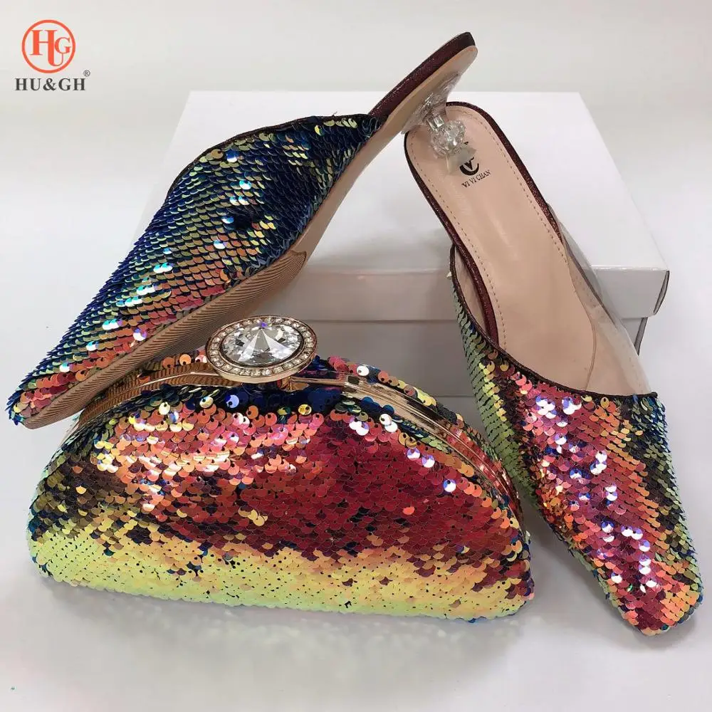

2019 African Women Shoes and Bags To Match Set Nigerian Women Wedding Slippers with Rhinestone Sequins Design Low Heels 4.5CM
