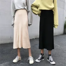 Женская юбка новая осенняя и зимняя трикотажная юбка с разрезом длинная Однотонная юбка тонкая юбка