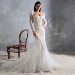 High Quality A-Line Floor-Length Short Sleeve Wedding Dresses with Tulle Square Collar Court Train Ivory Bridal Gowns Summer