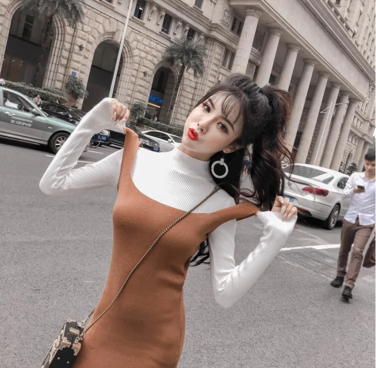 

Photo Shoot 2019 Autumn Clothing New Style Versatile Knitted Jacket + Suspender Strap Waist Hugging Jersey Dress Two-Piece Set