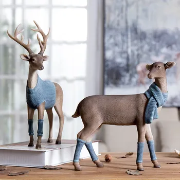 

Wearing A Blue Sweater Deer Sculpture Metal Statuette Retro Resin Home Decor Art Gift Figurines Home Decoration Accessories