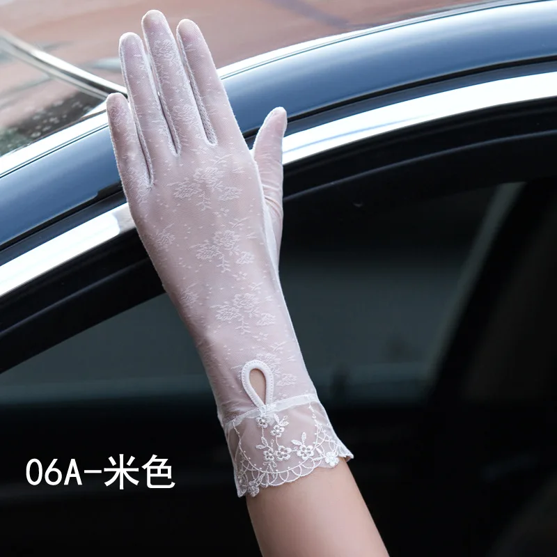 06A Beige Модный сексуальный прозрачный шелк перчатки с сенсорным экраном солнцезащитный крем для женщин анти-УФ Лето вождения противоскользящие велосипедные эластичные кружевные перчатки 05A - Цвет: 06A Beige