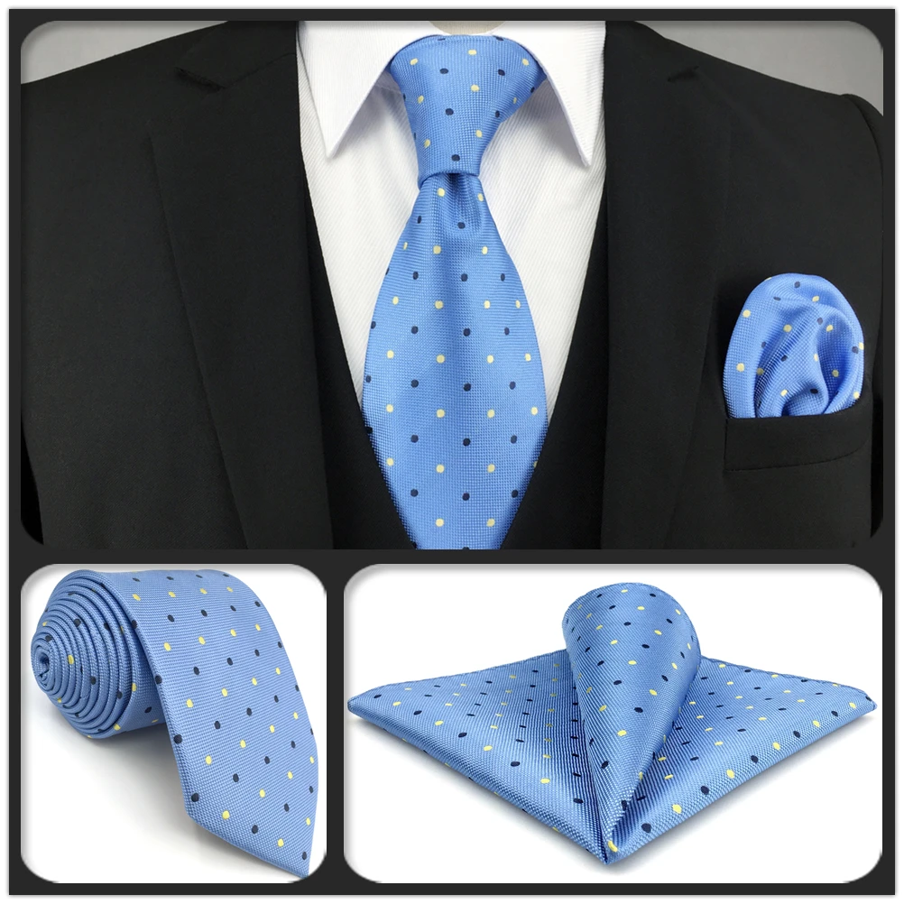 F21 Blue Polka Dots Mens Neckties Set Classic Business Extra Long Size Silk Gift Pocket Square Dress | Аксессуары для одежды
