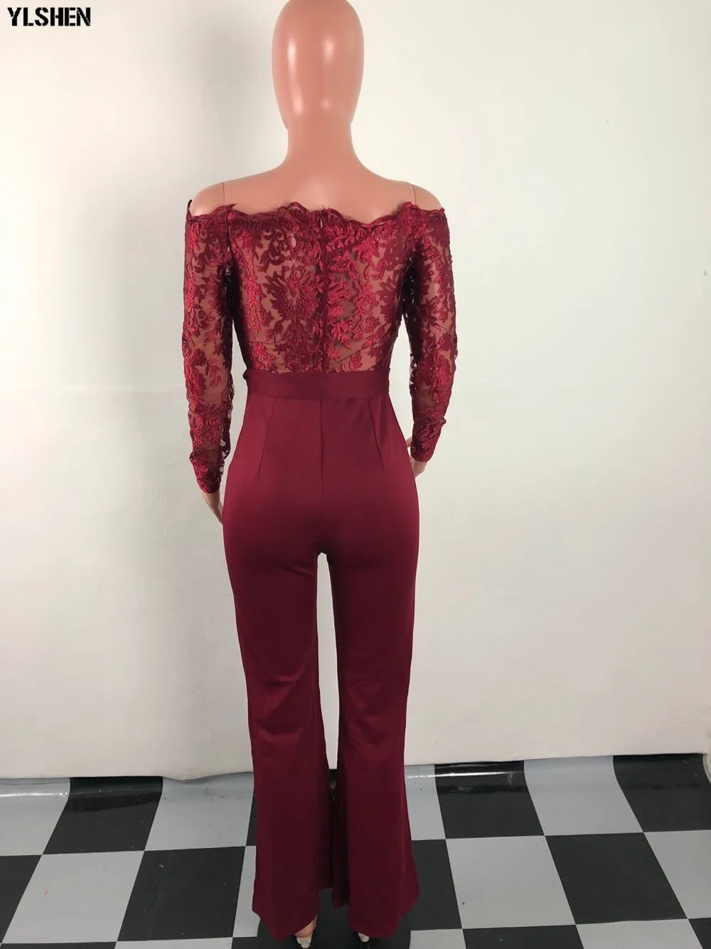 Women Jumpsuit Sexy Lace Ladies Jumpsuits Party Casual Wide Leg Overalls Off Shoulder Long Sleeve Romper Skinny Rompers Trousers 35