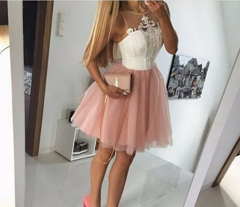 

Cheap 2019 Sexy Pink Tulle Sweet Scoop Emboridery Tutu Short Party Prom Cocktail Dresses