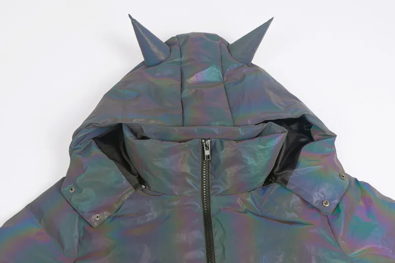 BOOFEENAA блестящая Переливающаяся Светоотражающая куртка-пуховик теплая парка с капюшоном и рогом укороченная куртка-пузырь женская одежда зима C70DG62
