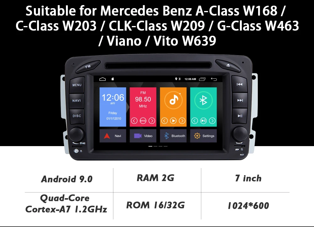 Excellent 2 Din Android 9.0 Autoradio Car Multimedia DVD Player For Mercedes/Benz/W209/W203/W168/M/ML/W168/W463/Viano/W639/Vito/Vaneo DSP 0