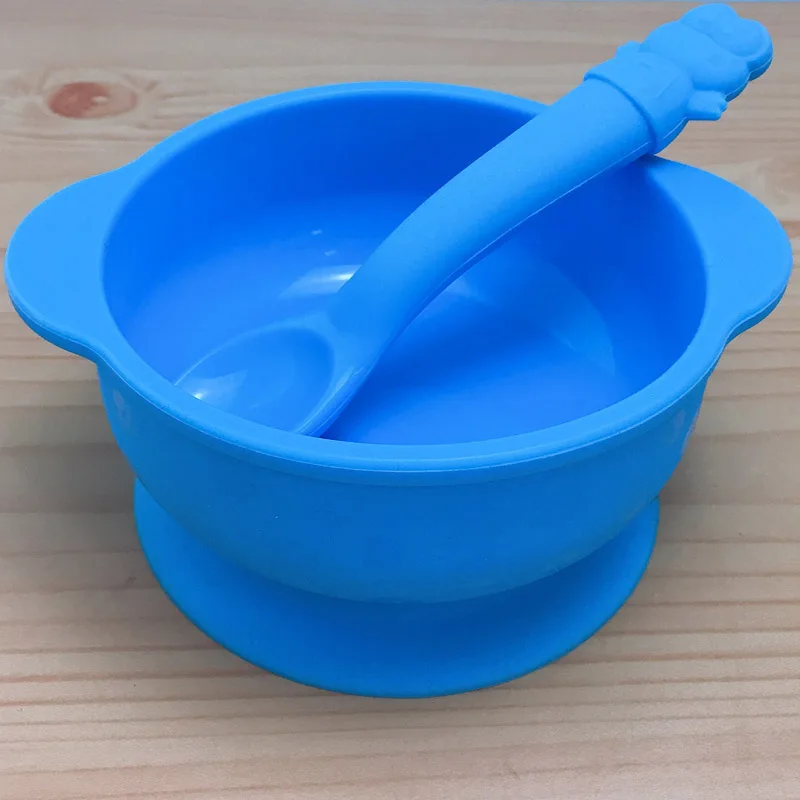 Blue with Spoon Тарелка для детей с силиконовая детская чаша всасывания BPA бесплатное Кормление детская посуда детские обеденные блюда - Цвет: Blue with Spoon
