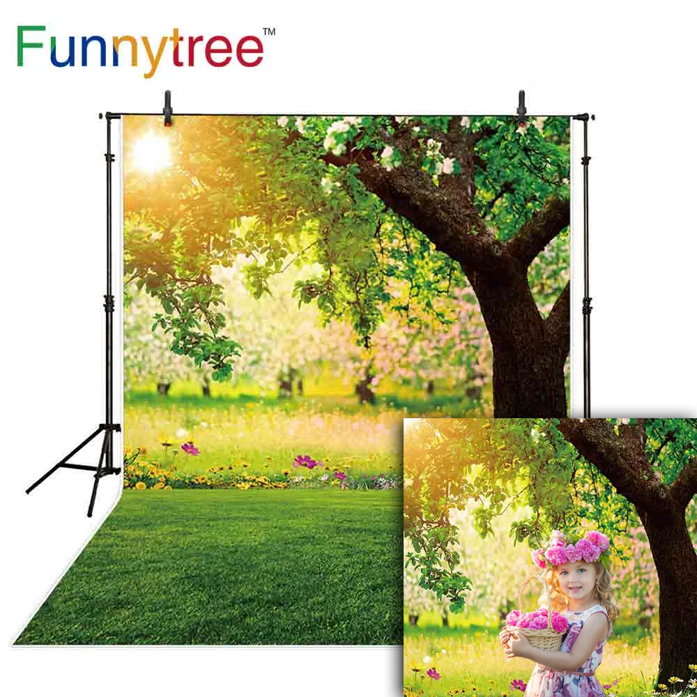 Фон для фотосъемки Funnytree фотостудия дерево Весна природа трава цветы дети