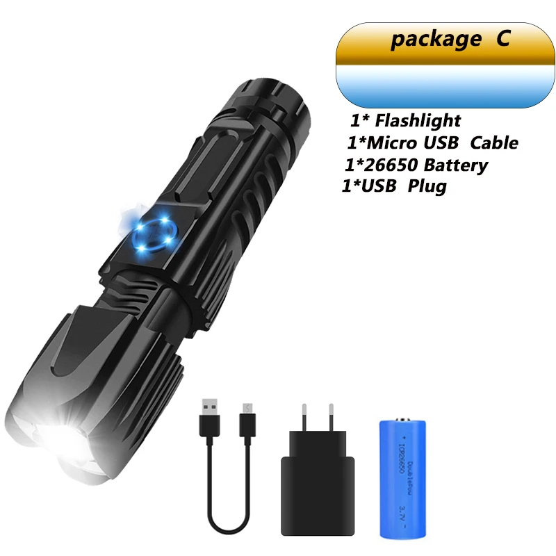 Package C Супер яркий XHP90.2 светодиодный фонарь XLamp тактический Водонепроницаемый фонарь умный чип управление с нижней атакой конус USB Перезаряжаемый - Испускаемый цвет: Package C