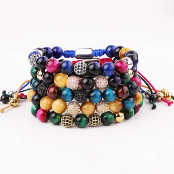 Jaravvi High Quantity 8mm Natural Stone Tiger Eye Crystal CZ Ball Cord Adjustable Macrame Bracelet For Women Men