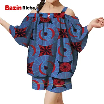 

2 Pieces Sets Cute Kids Girl Flare Sleeve Tops and Short Pant Set African Print Children Shirt Skirts Bazin Riche Clothes WYT401