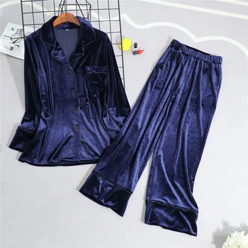 

Lady 2PCS Pajamas Suit Soft Velour Sleepwear Nightwear Turn-down Collar Shirt&Pants Sleep Set Casual Home Wear Intimate Lingerie