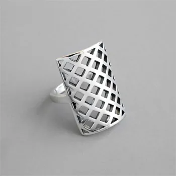 

New Personality Hollow Mesh Creative Rectangle 925 Sterling Silver Jewelry Not Allergic Fashion Geometric Opening Rings SR601