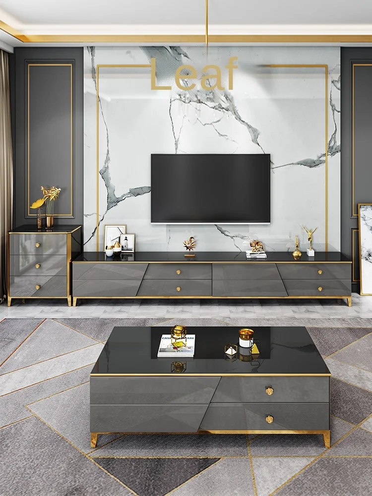 

rock plate tea table TV cabinet combination living room Modern Italian very simple small house marble Nordic wall cabinet