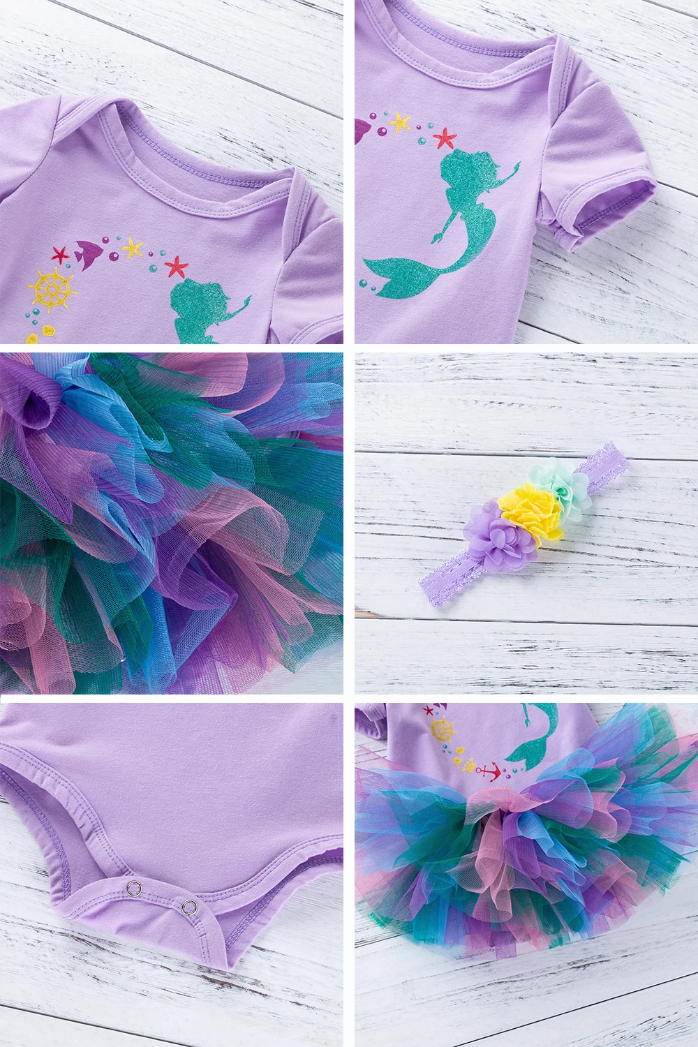 Mermaid Purple 3Pcs Clothing sets toddler tutu skirt cute baby Outfits Infant tutu Girls Dress Newborn Romper baby girl clothes-1