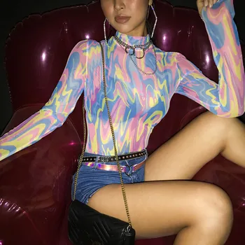 

Women's Sexy Transparent Mesh Bodysuit Spring High Collar Long Sleeve Slim Streetwear Body Ladies Girls Fashion Skinny Bodysuits