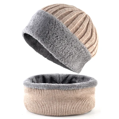 Striped peaked cap Winter hats for Men Solid color Knitted wool Beanies Thick Warm Velvet hat Scarves set Skullies Bonnet - Цвет: sets BE