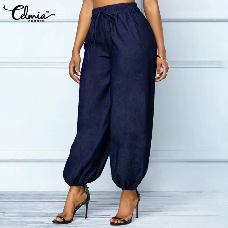 

Celmia Womens Demin Jeans Pants Casual Loose Elastic Waist Plus Size Trousers Loose Pocket Harem Pants Femme Pantalons 5XL 2020