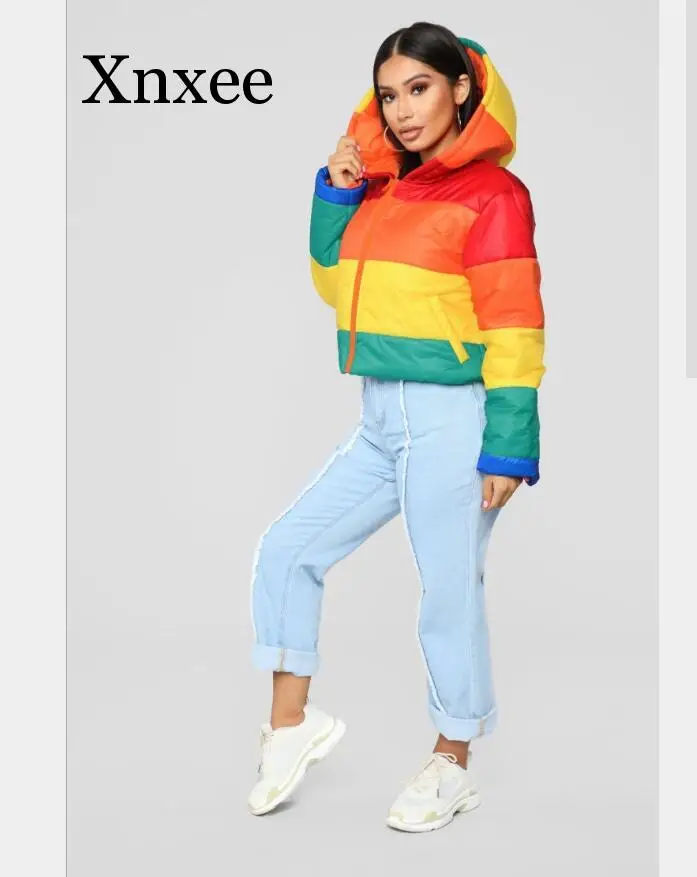 Winter coat short Casual Warm Fashion Rainbow Hooded Full Sleeve Women Slim Thick Regular Wind Outwears jacket thick student