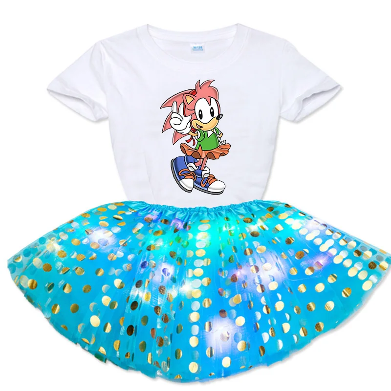 

Girls Dress Summer Cute Cartoon Princess Birthday Party Mesh Dresses Custom Short-sleeve T-shirt + Sequined Luminous Skirt Suit