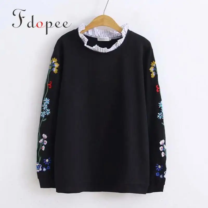 

2019 Autumn Hoodies Women Leisure Embroidery Stitching Wooden Ear Collar Hit Color Comfort Long Sleeve Black Oversized Hoodie