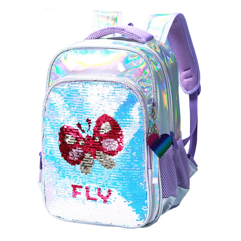 

Children School Bags for Girls Waterproof Orthopedic Backpacks Sequins Blingbling Silver Butterfly Kids Backpack for Grade 1-3-6
