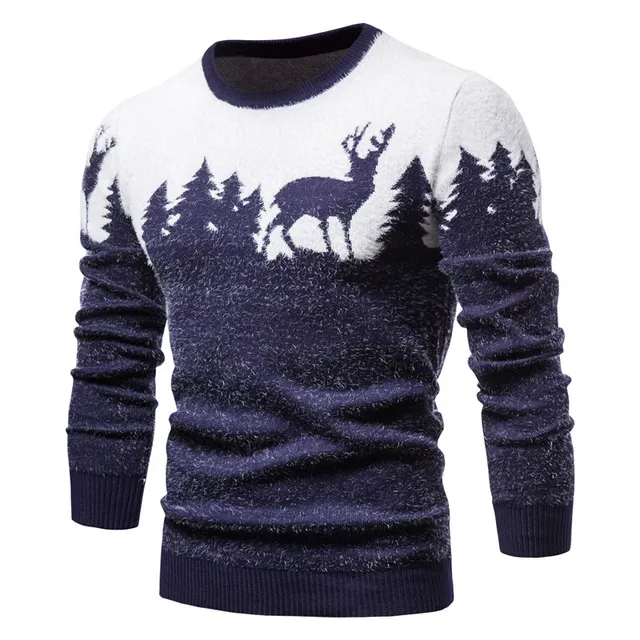 Мужской свитер с оленями шерстяной тонкий облегающий 1