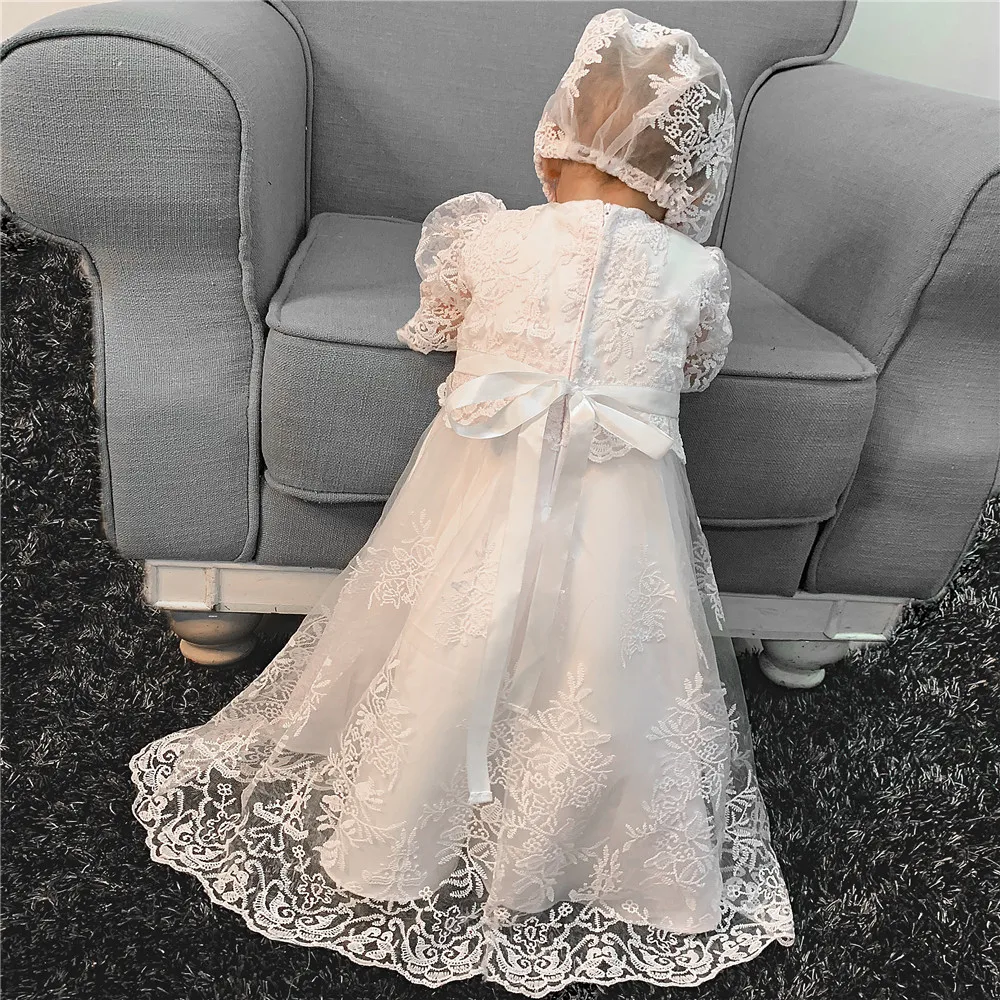 New Cute Long Christening Gown for Baby Girls Lace Short Sleeve Customized Baptism Dress White Ivory