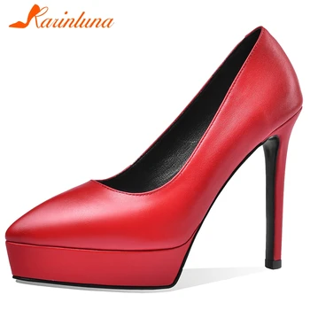 

Karinluna New Fashion Genuine Cow Leather Sexy Thin High Heels Shoes Woman Pumps Pointed Toe Platform Party Pumps Women Shoes