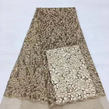 

New 2020 Gold Line African Mesh Lace Fabric With Sequins 3D Applique Milk Silk Lace Soft French Lace Fabric For Wedding Party